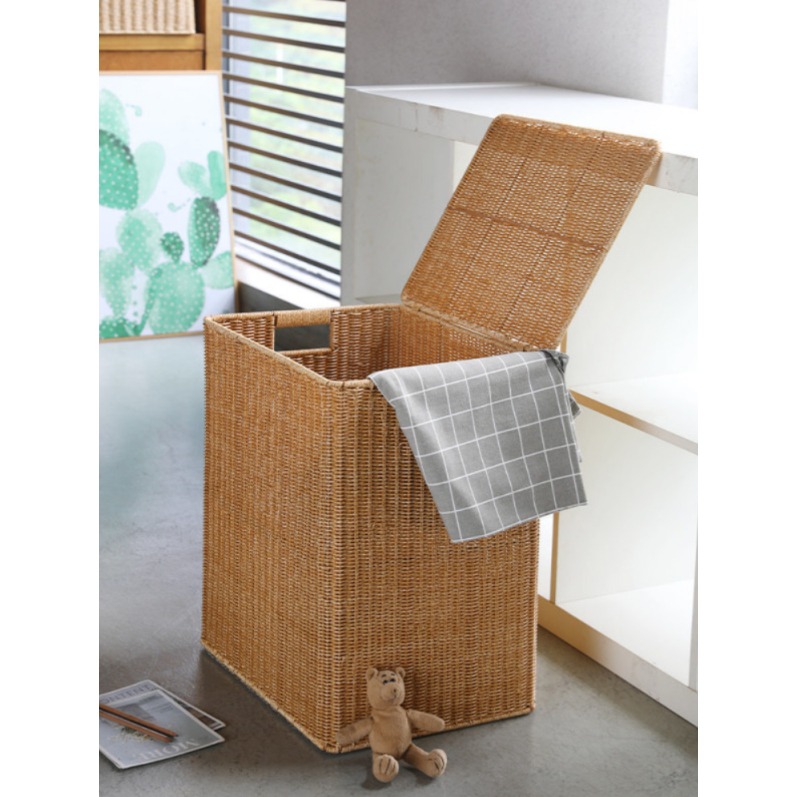 라탄 사각 빨래바구니 세탁바구니 특대형 수건 라이트커피 플립탑 수납함 32x18x41cm - 상세 이미지 2