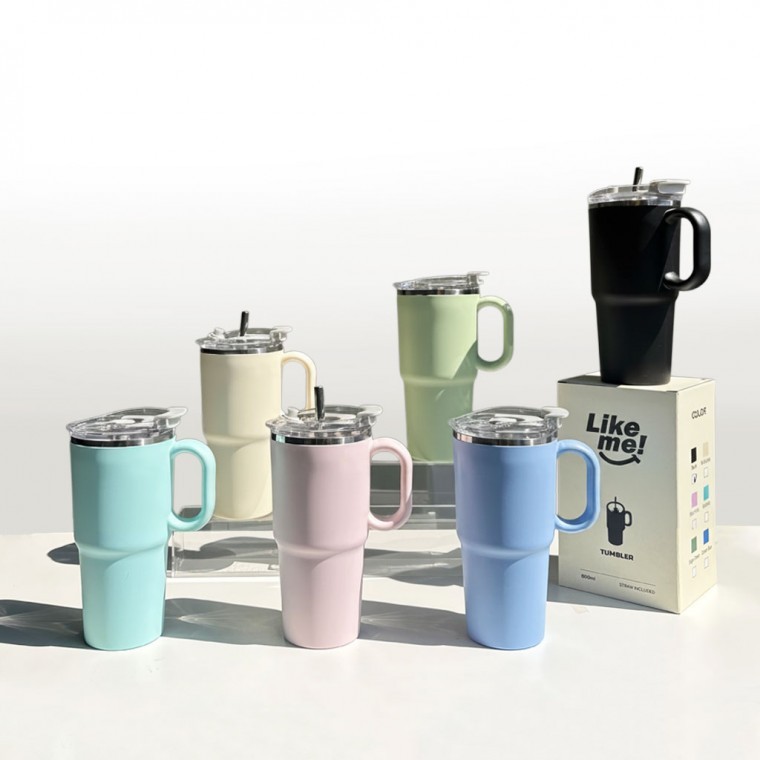 손잡이 스텐 사무실 머그컵 텀블러 빨대포함 600ml - 상품 이미지