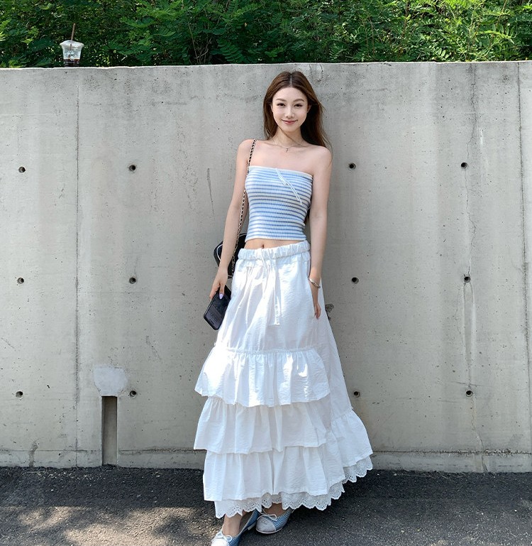 Bankelili 여름 롱스커트 프릴 레이스 a라인 플레어 캉캉스커트 - 상품 이미지