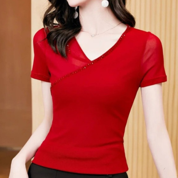 비즈 포인트 브이넥 반팔 티셔츠 시스루 라인댄스 상의 슬림핏 스윙 차밍 자이브 댄스 의상 - 상세 이미지 3