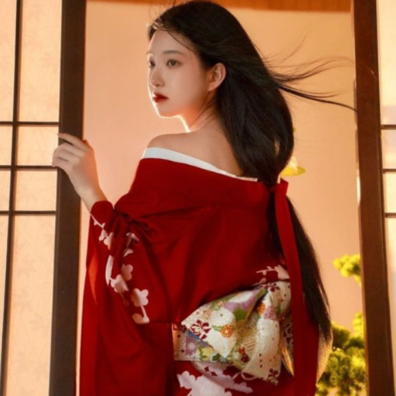 일본 전통 의상 레드 기모노 여자 유카타 코스프레 의상 - 상세 이미지 5