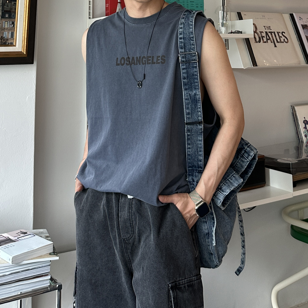 남자 박스 오버핏 피그먼트 여름 남성 민소매 커플 나시 티셔츠 - 상품 이미지