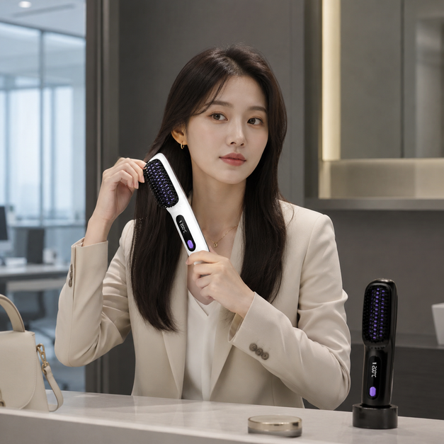 무선 빗고데기 휴대용 헤어스타일러 충전식 브러쉬 고데기 블랙 화이트 이미지 8