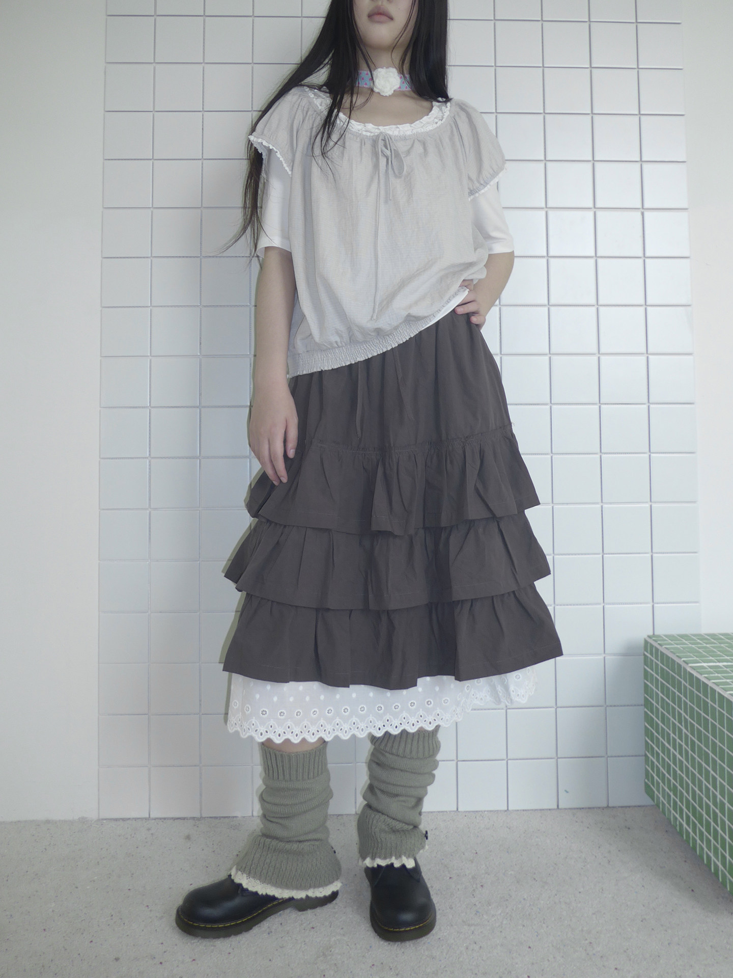angproject 캉캉스커트 플리츠 플레어 레이스 롱스커트 봄 여름 치마 - 상세 이미지 4
