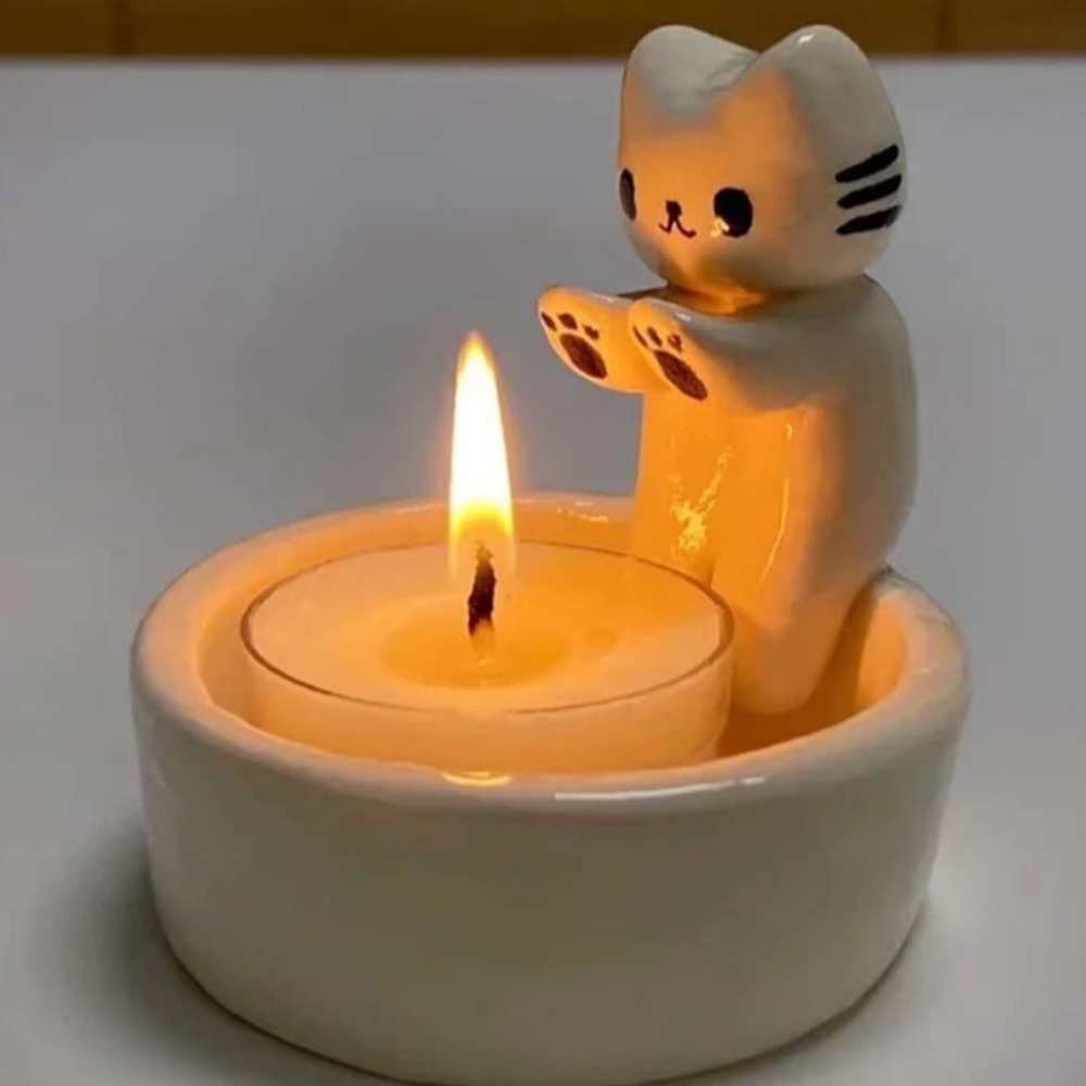 귀여운 밤고양이 캔들홀더 촛불 받침대 티라이트 인테리어 데이트 도자기 - 상세 이미지 3