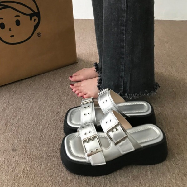 투웨이 버클 스트랩 샌들 쪼리 밴딩 통굽 키높이 슬리퍼 실버 225mm - 상세 이미지 2