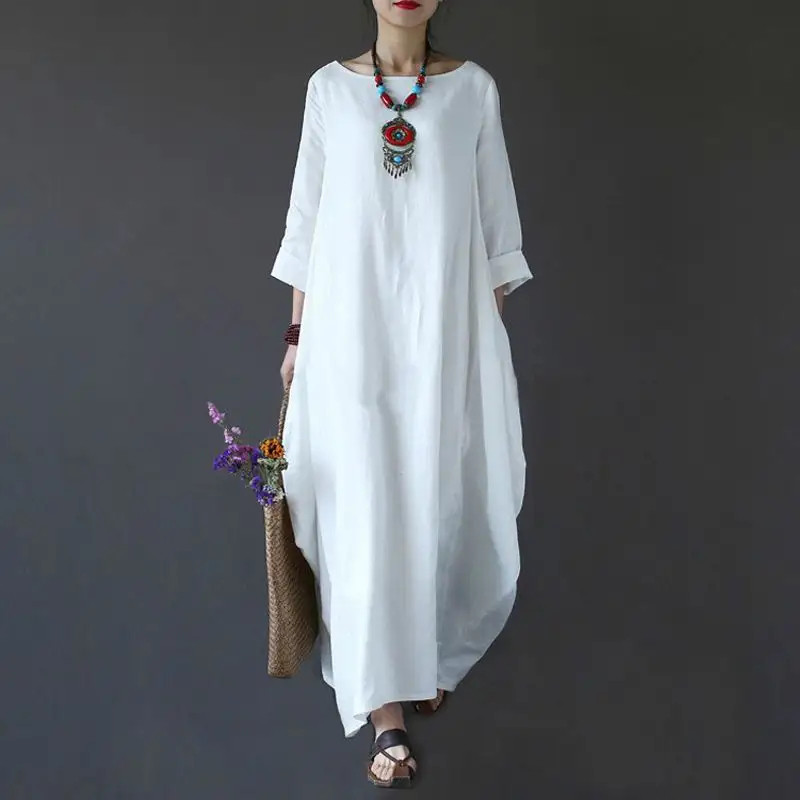데일리 루즈핏 봄 린넨 여성 빅사이즈 롱원피스 화이트 M - 상품 이미지