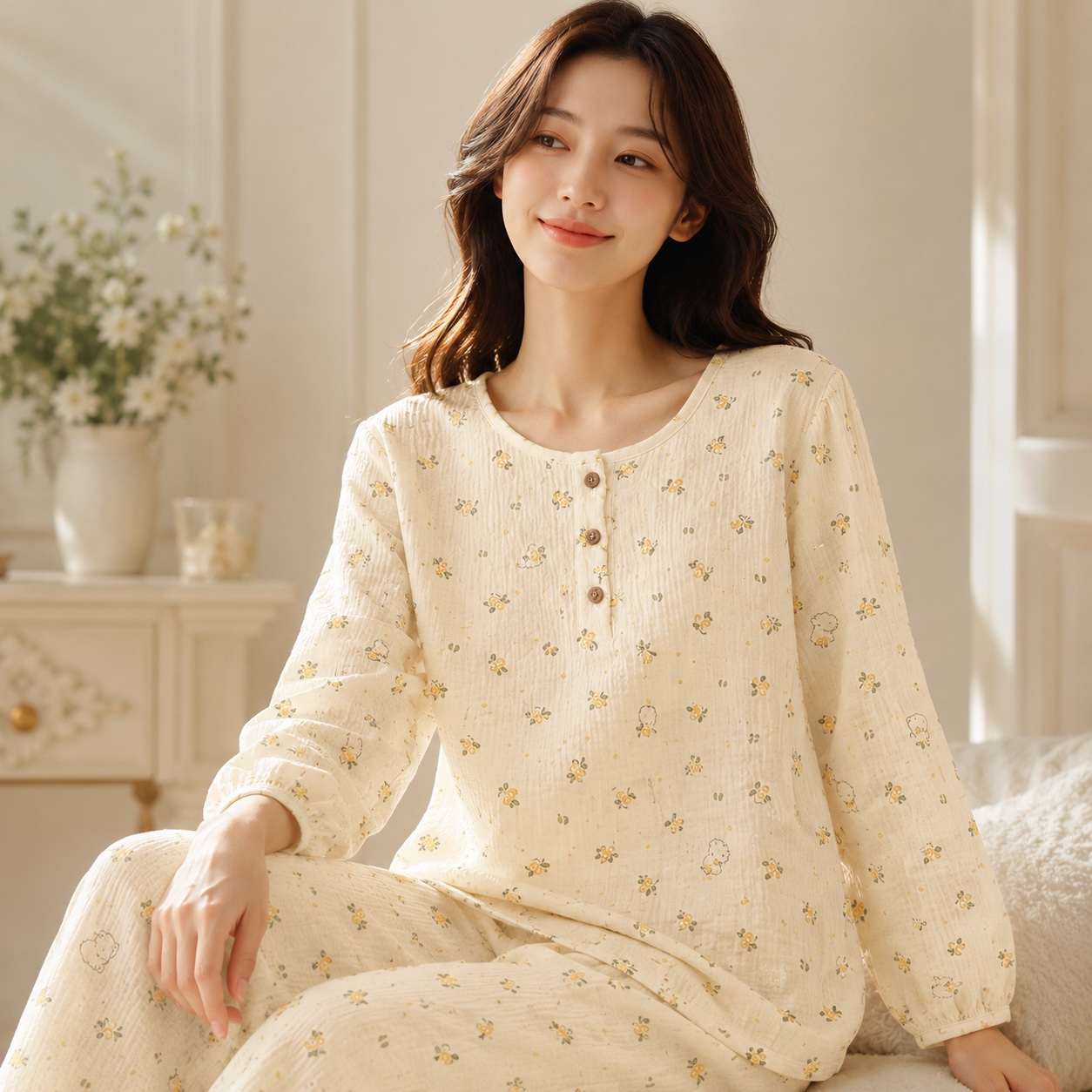 한나라 여성 수면잠옷 거즈면 데일리 홈웨어세트 사계절 파자마세트 - 상세 이미지 3