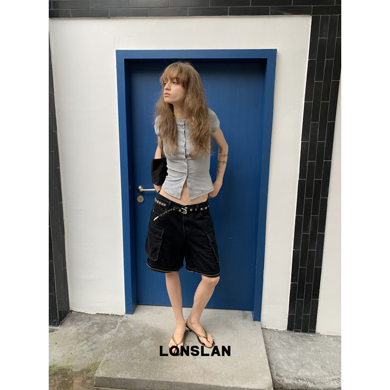 LONSLAN 론슬란 버뮤다팬츠 카고 와이드 여성 반바지 데님팬츠 청바지 카프리팬츠 - 상세 이미지 3