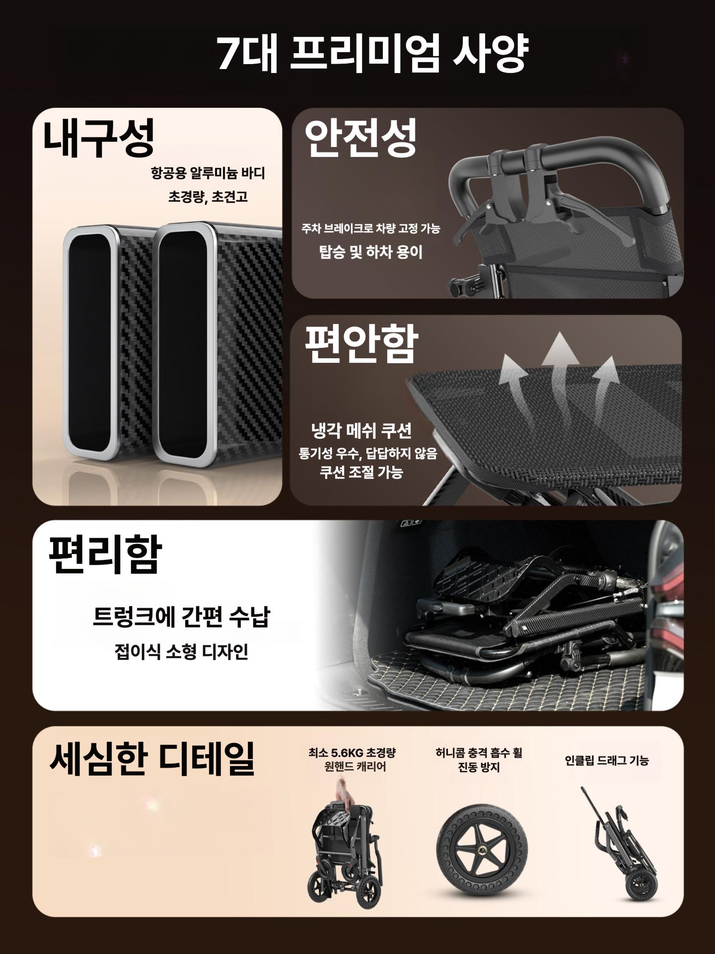올렌토 경량휠체어접이식 어르신 노인 경량휠체어 초경량 충격흡수 5.9kg 알루미늄 프레임 8 인치 벌집 - 상세 이미지 3