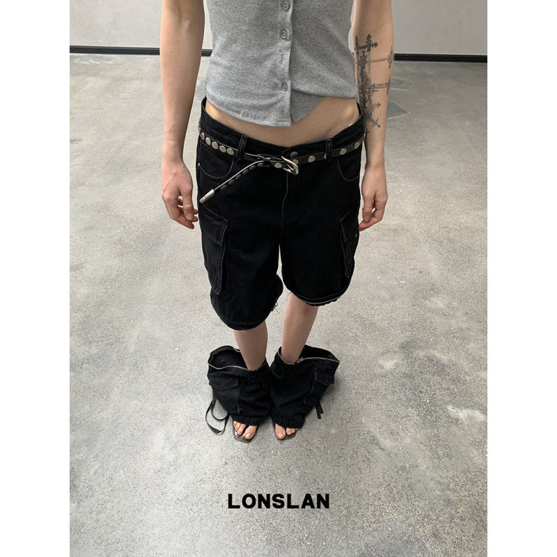 LONSLAN 론슬란 버뮤다팬츠 카고 와이드 여성 반바지 데님팬츠 청바지 카프리팬츠 - 상세 이미지 2