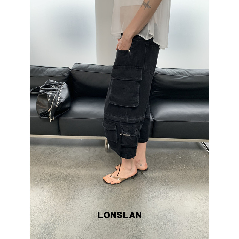 LONSLAN 론슬란 버뮤다팬츠 카고 와이드 여성 반바지 데님팬츠 청바지 카프리팬츠 - 상세 이미지 5