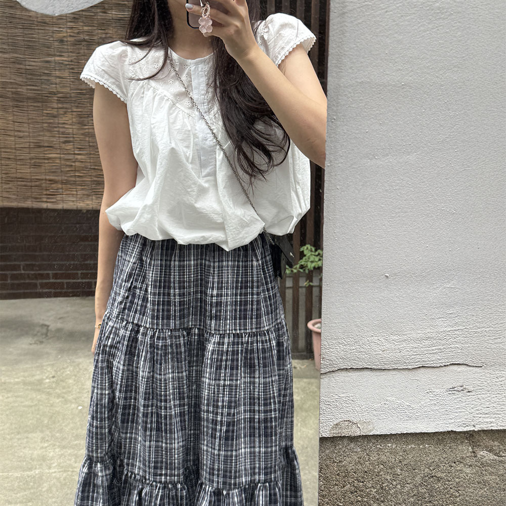 티어드스커트 빈티지 캉캉 플레어 롱 체크스커트 이미지 6