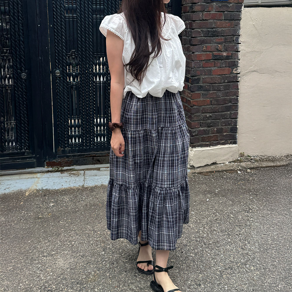 티어드스커트 빈티지 캉캉 플레어 롱 체크스커트 - 상품 이미지