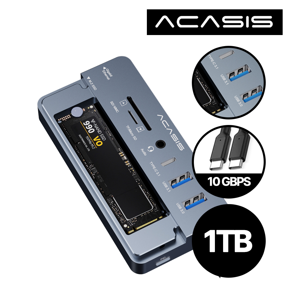 아카시스 CM073 + M.2 NVME 외장SSD 1TB 마이크론 탑재 10-in-1 10Gbps 멀티 도킹스테이션 외장하드 - 상품 이미지