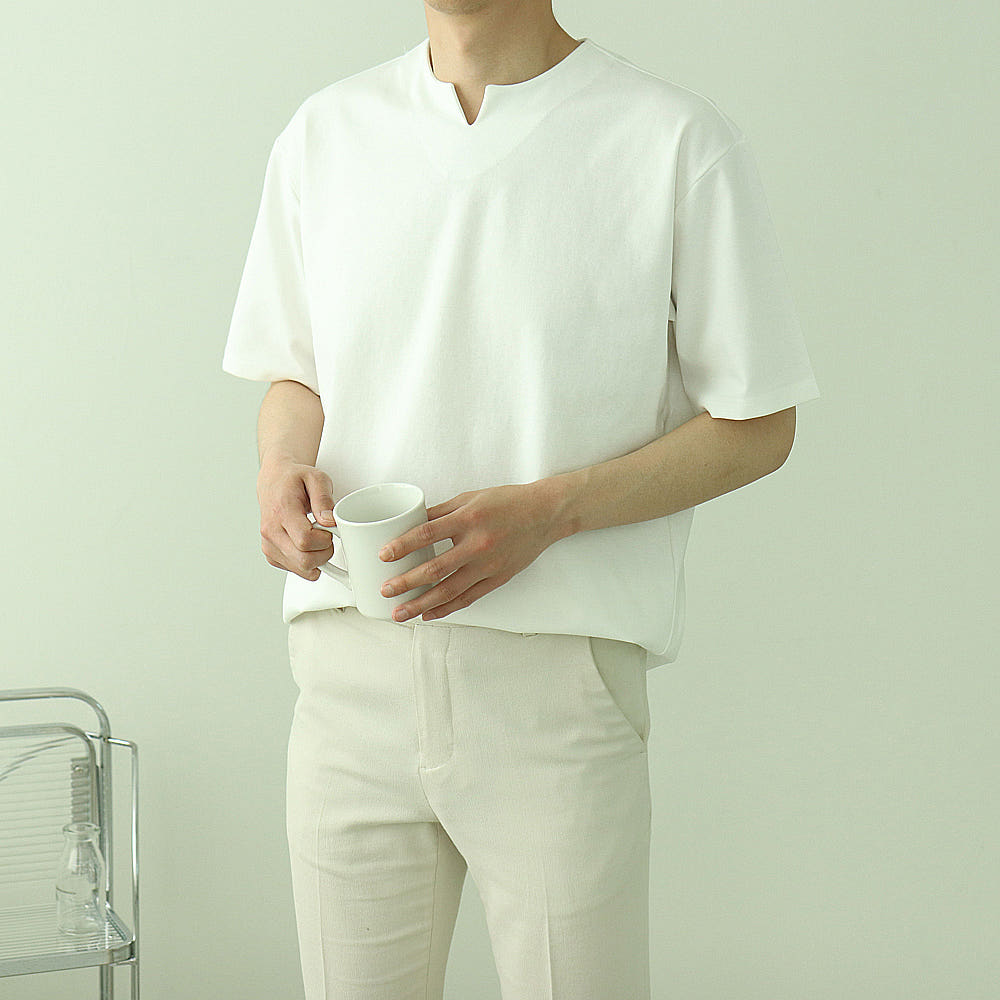 남자반팔티 분또 브이 헨리넥 반팔티 - 상품 이미지