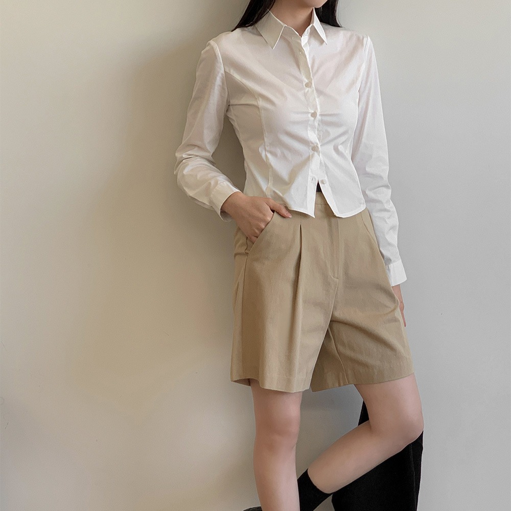 베이직 카라넥 세미크롭 반팔 슬림핏 셔츠 이미지 6