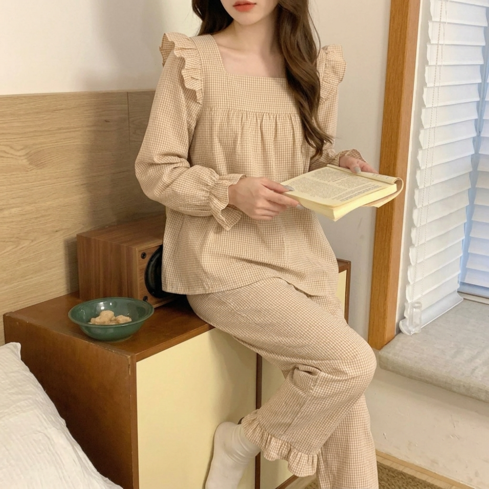 도르모 소프트 체크잠옷 프릴 시어서커 긴팔파자마 세트 - 상세 이미지 4
