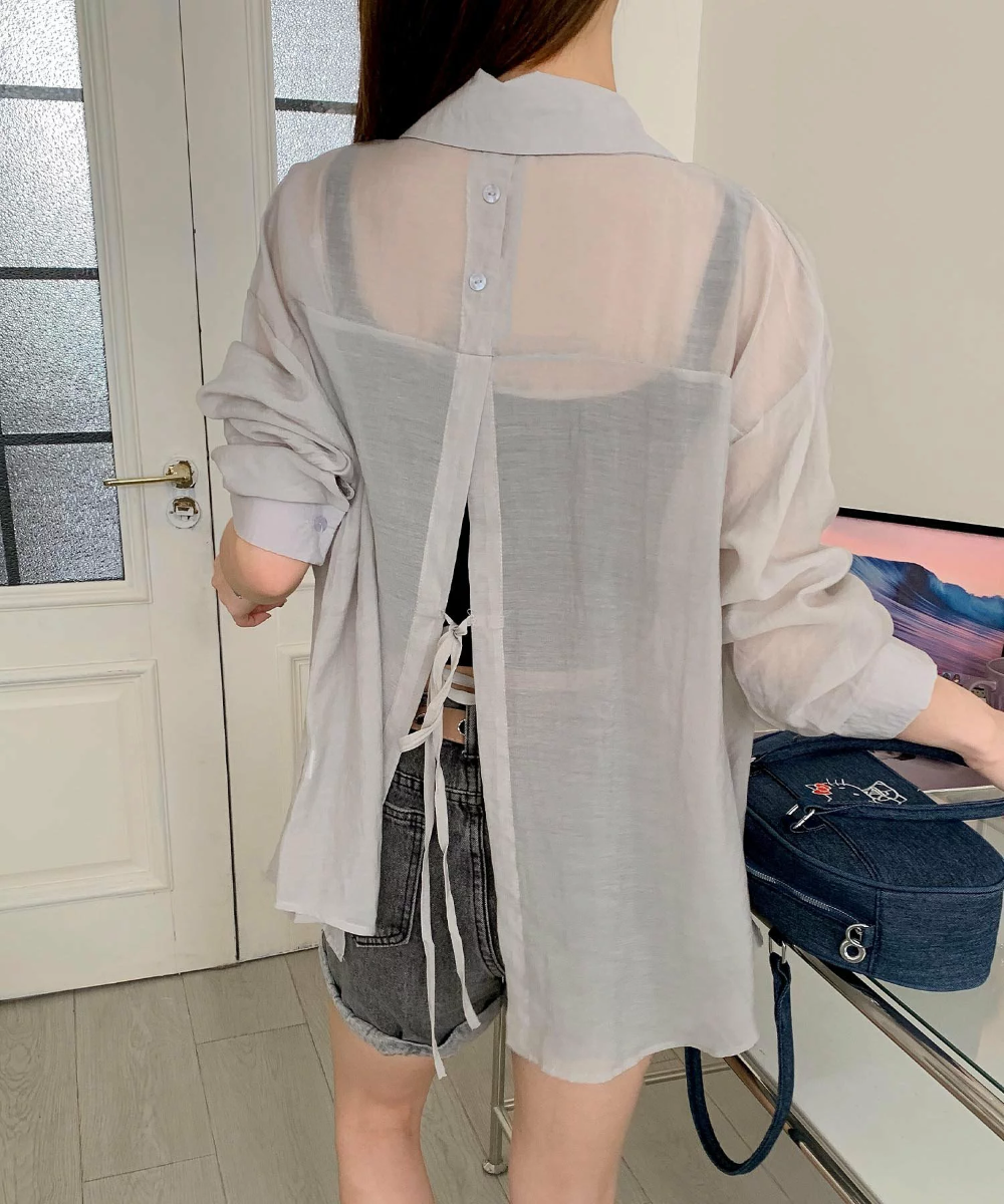 aimoha 백리본 뒷트임 시어 셔츠 여성 루즈핏 시스루 남방 - 상세 이미지 4