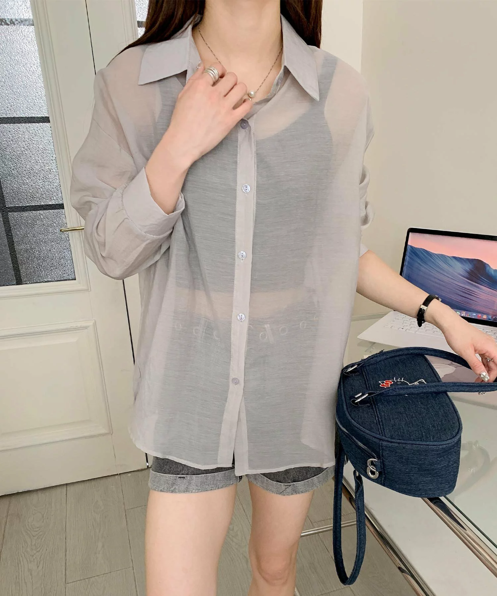 aimoha 백리본 뒷트임 시어 셔츠 여성 루즈핏 시스루 남방 - 상세 이미지 2