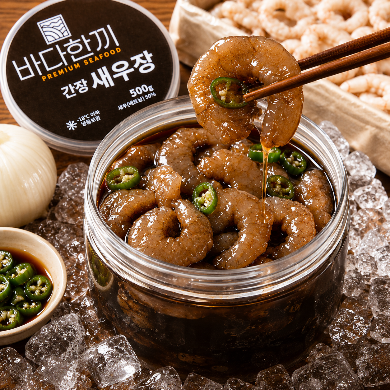 바다한끼 탱글한 식감과 부드러운맛이 일품인 간장새우장 500g 밥도둑 특제 간장 한끼 반찬 - 상품 이미지