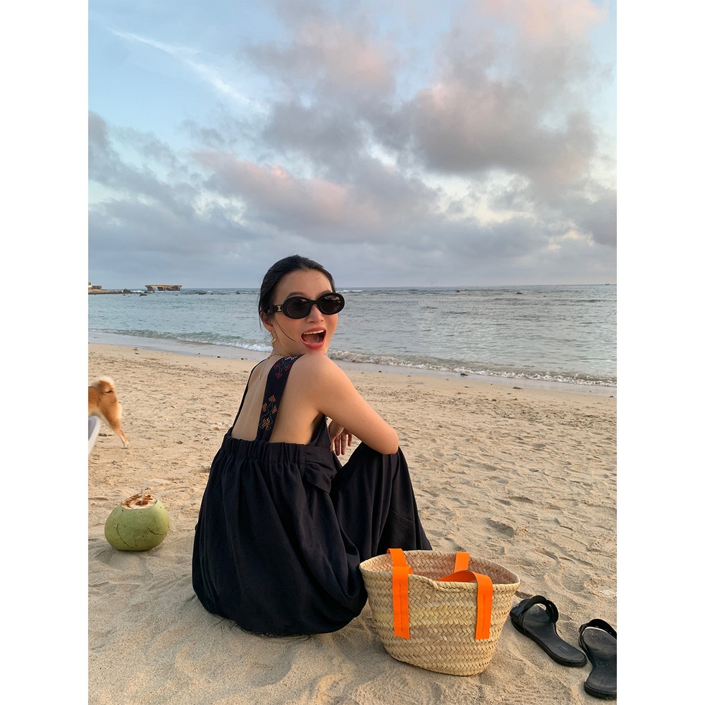 끈부분자수포인트 뷔스티에 와이드점프수트팬츠 리넨텐셀혼방 고급소재 여름 네이비 - 상세 이미지 5