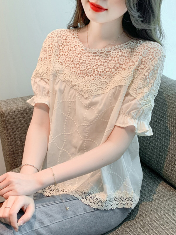 블라우스 블라우스 아사면 레이스 사이즈 여름 여성 - 상품 이미지