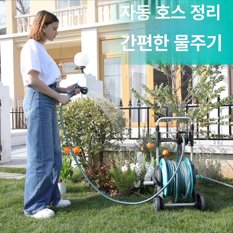 물호스릴 정원 원예 보관함 분사 손수레 이동식 10m 호스 카트 + 합금 고압 워터건 - 상세 이미지 4