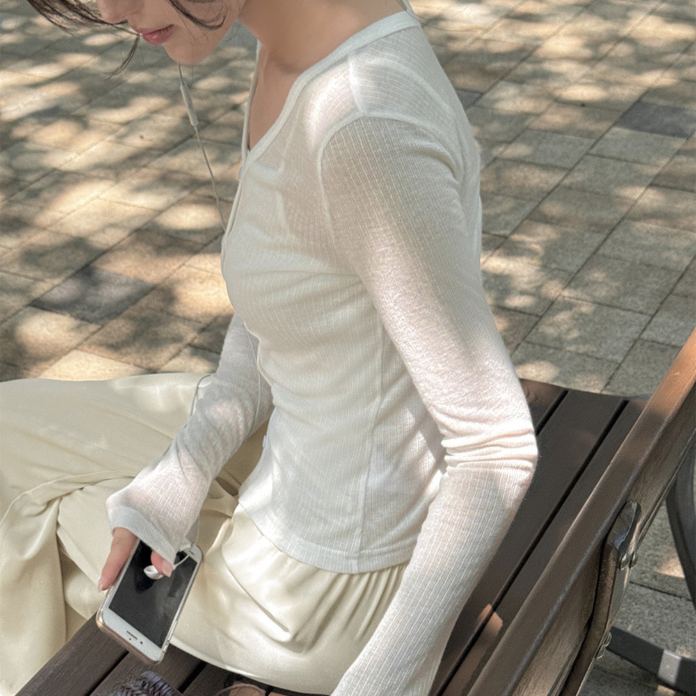 슬림핏 골지 브이넥 여름 시스루 긴팔 가디건 - 상세 이미지 2
