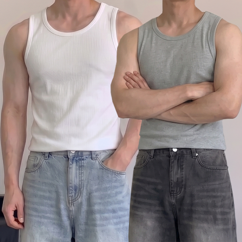 1+1 남자나시 머슬핏나시 무지민소매 - 상품 이미지