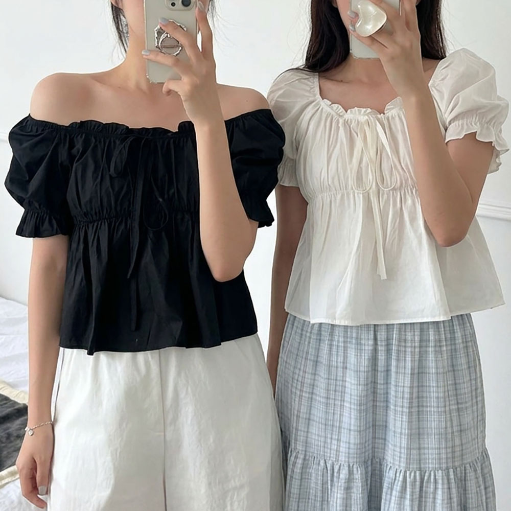 스퀘어넥블라우스 오프숄더 프릴 셔링 퍼프 리본 블라우스 - 상품 이미지