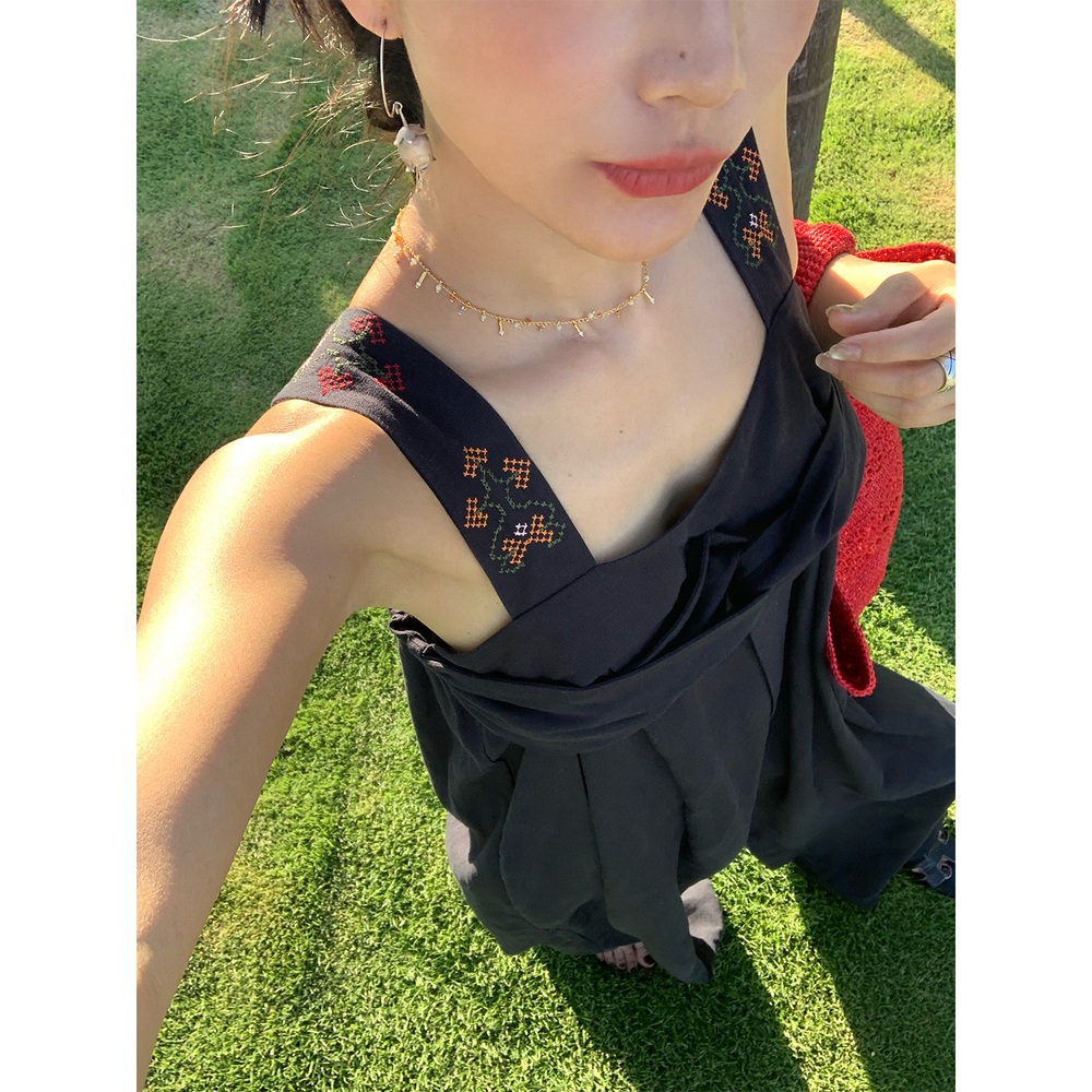 끈부분자수포인트 뷔스티에 와이드점프수트팬츠 리넨텐셀혼방 고급소재 여름 네이비 - 상세 이미지 2