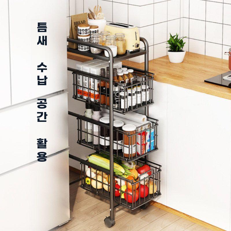 슬림 주방 틈새 수납장 냉장고 옆 이동식 서랍형 다층 A.블랙2층째(폭25cm)+풋패드 - 상세 이미지 5