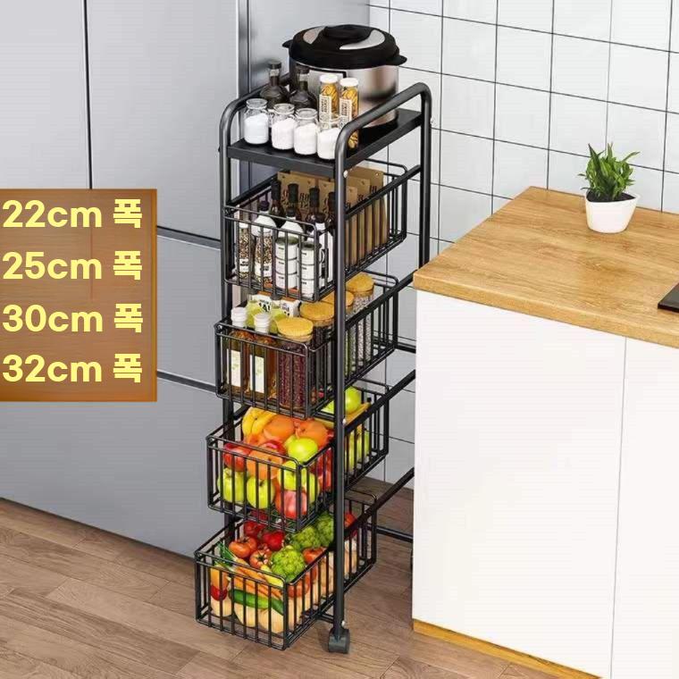슬림 주방 틈새 수납장 냉장고 옆 이동식 서랍형 다층 A.블랙2층째(폭25cm)+풋패드 - 상세 이미지 2