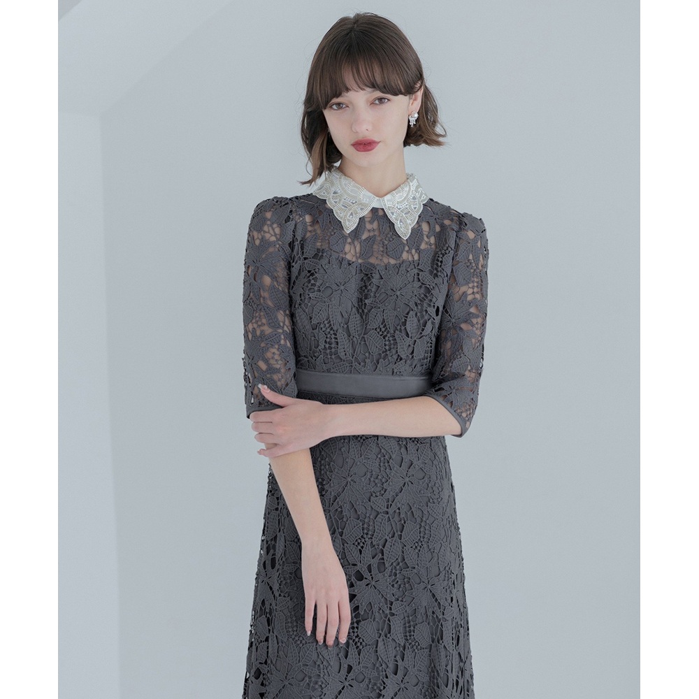 Leja 플라워 레이스 비즈카라 A라인 롱원피스 하객룩 파티드레스 블랙 그레이 라이트옐로우 - 상세 이미지 2