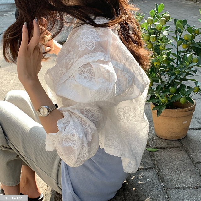 파틴 레이스자수 시스루 루즈핏 가디건 블라우스 1col 봄 여름 벌룬 아방 제이플로우 - 상세 이미지 4