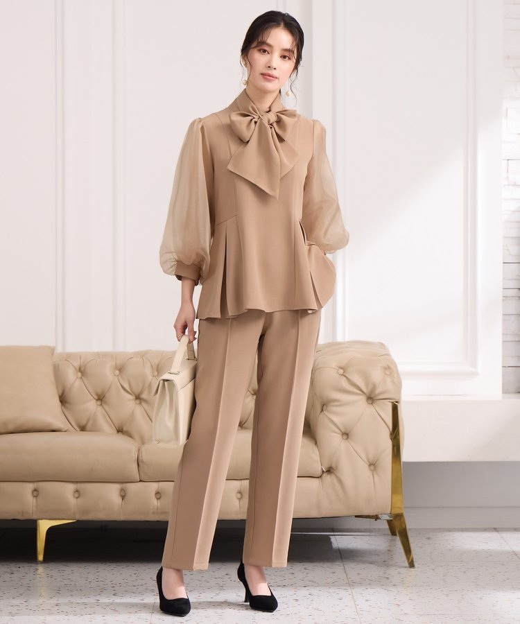 DRESS+ 여성 리본 블라우스 팬츠세트 플레어 셋업 하객룩 오피스룩 - 상품 이미지