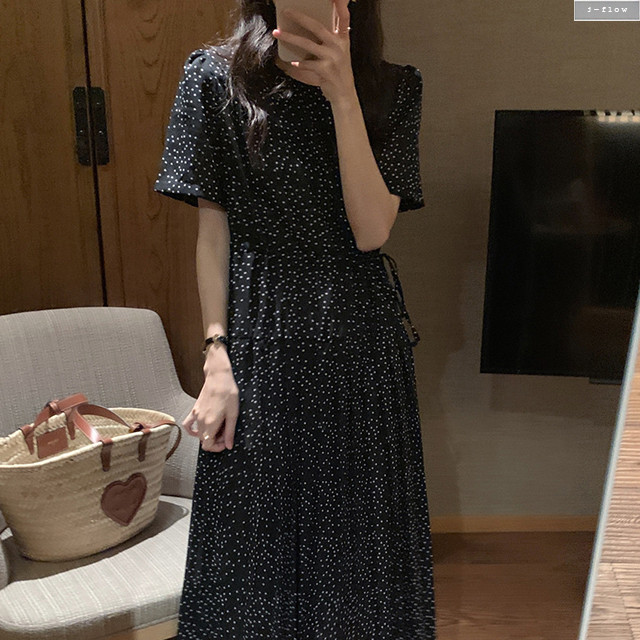 도트 플리츠 주름 쉬폰 여름 롱원피스 (아이보리,블랙) 루즈핏 허리끈 스트링 봄 제이플로우