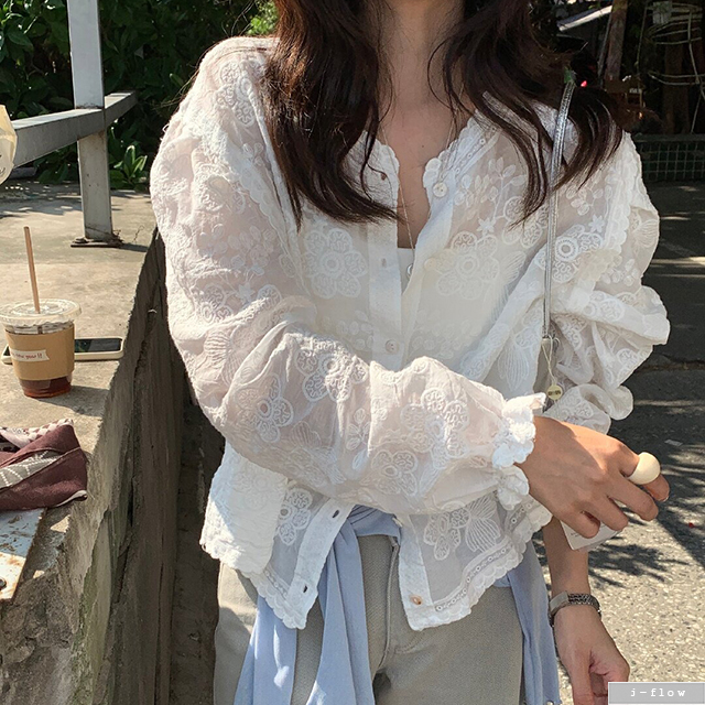 파틴 레이스자수 시스루 루즈핏 가디건 블라우스 1col 봄 여름 벌룬 아방 제이플로우 이미지 8