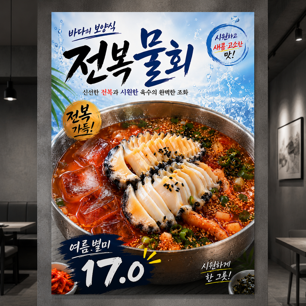 전복물회 포스터 제작 여름 메뉴 인쇄 디자인 식당 B 반광택 인화지 235g A3 - 상품 이미지