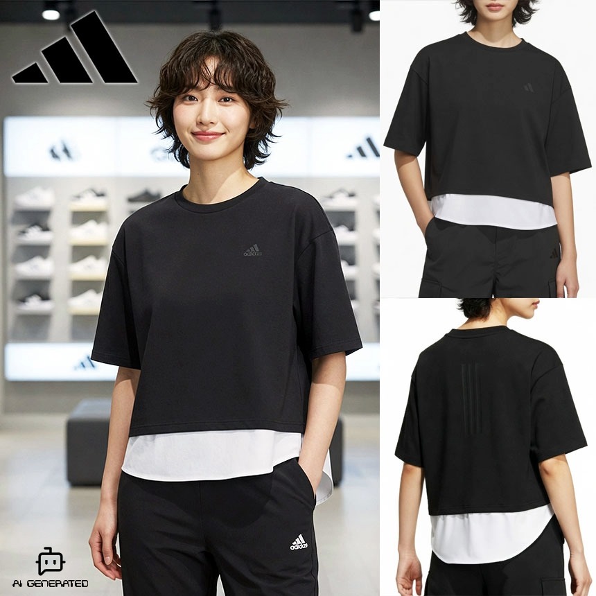 아디다스 여성 레이어드 삼선 루즈핏 순면 반팔 티셔츠 KA1018 - 상품 이미지
