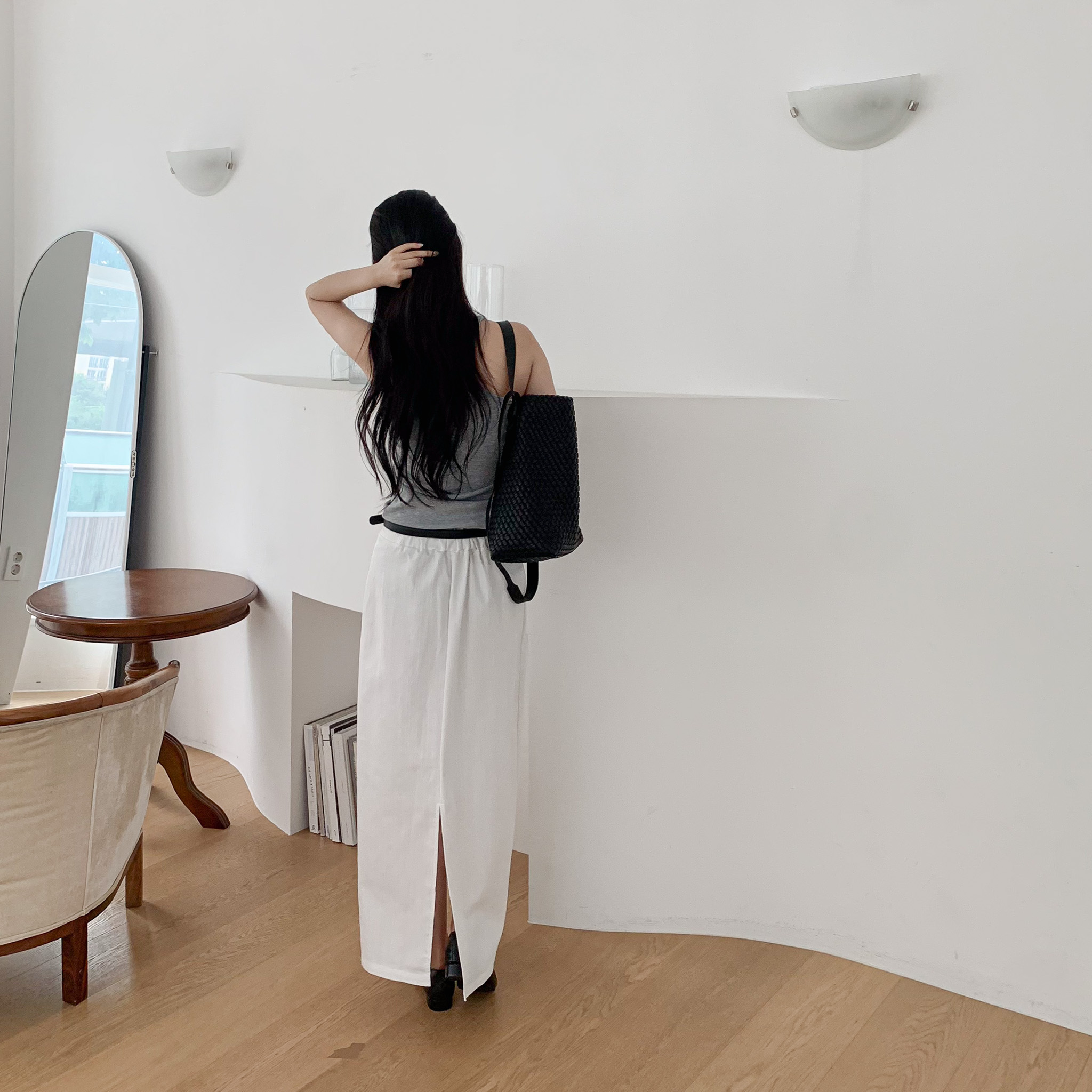 여성 린넨 데님 롱스커트 봄 여름 데일리룩 H라인 뒤트임 화이트롱스커트 청치마 - 상세 이미지 3
