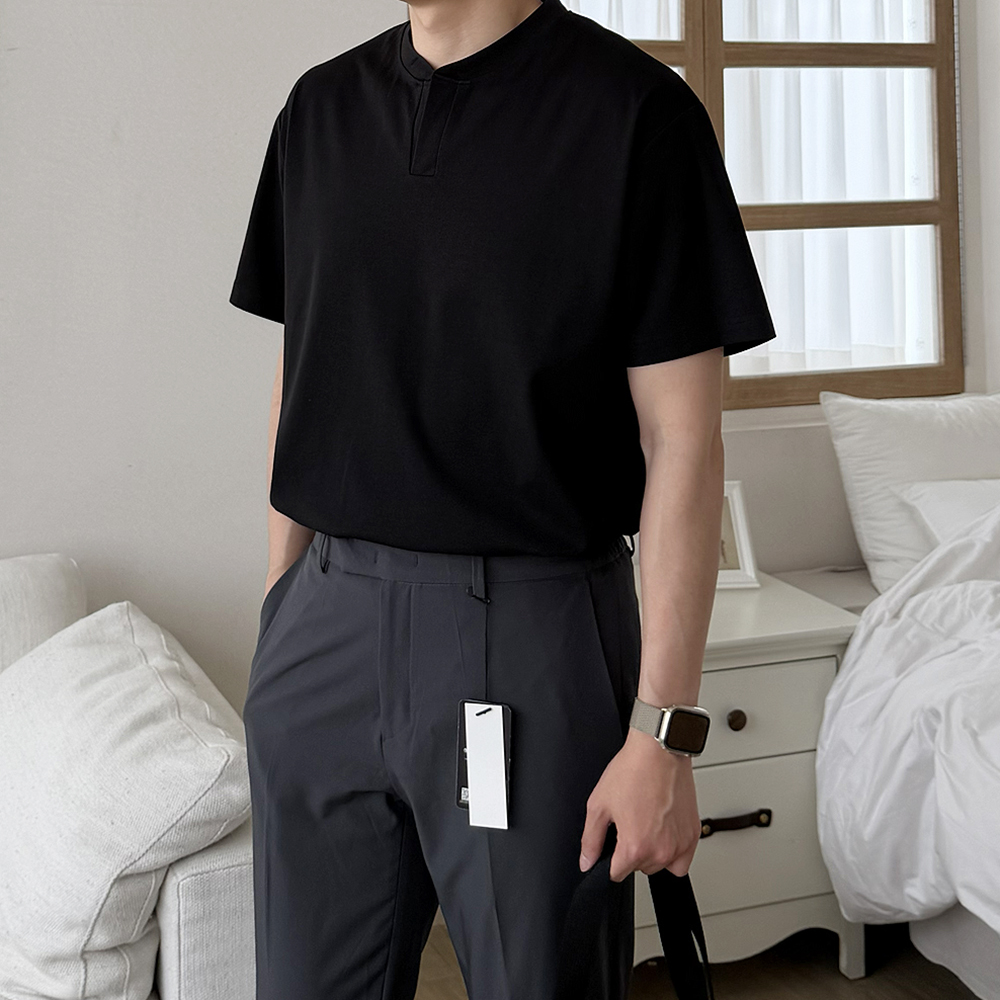 남자 반팔티 오버핏 분또 여름 무지 피케 헨리넥 반팔 티셔츠 - 상세 이미지 3