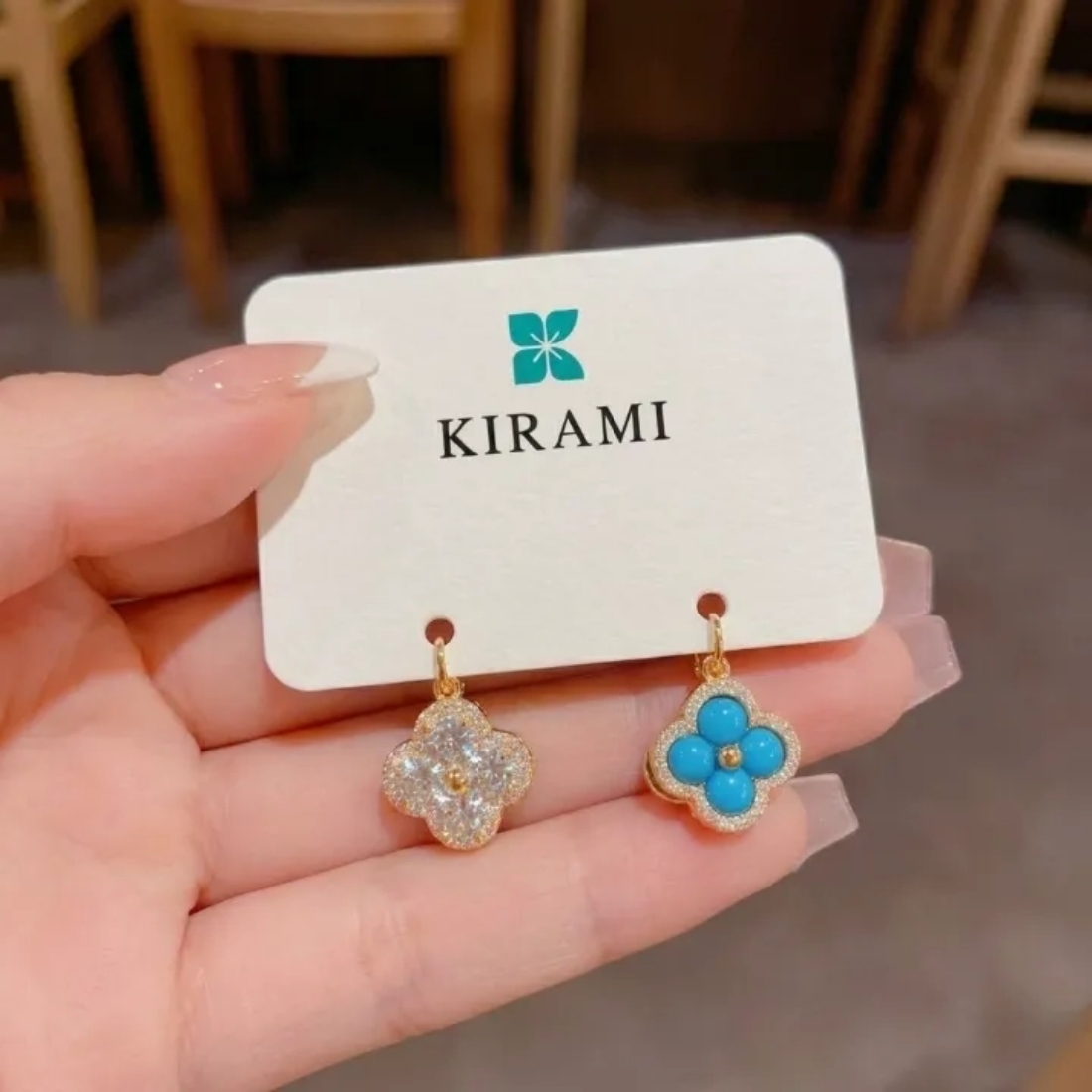 화려한 양면 큐빅 블루스톤 클로버 원터치 14K골드 귀걸이 이미지 6