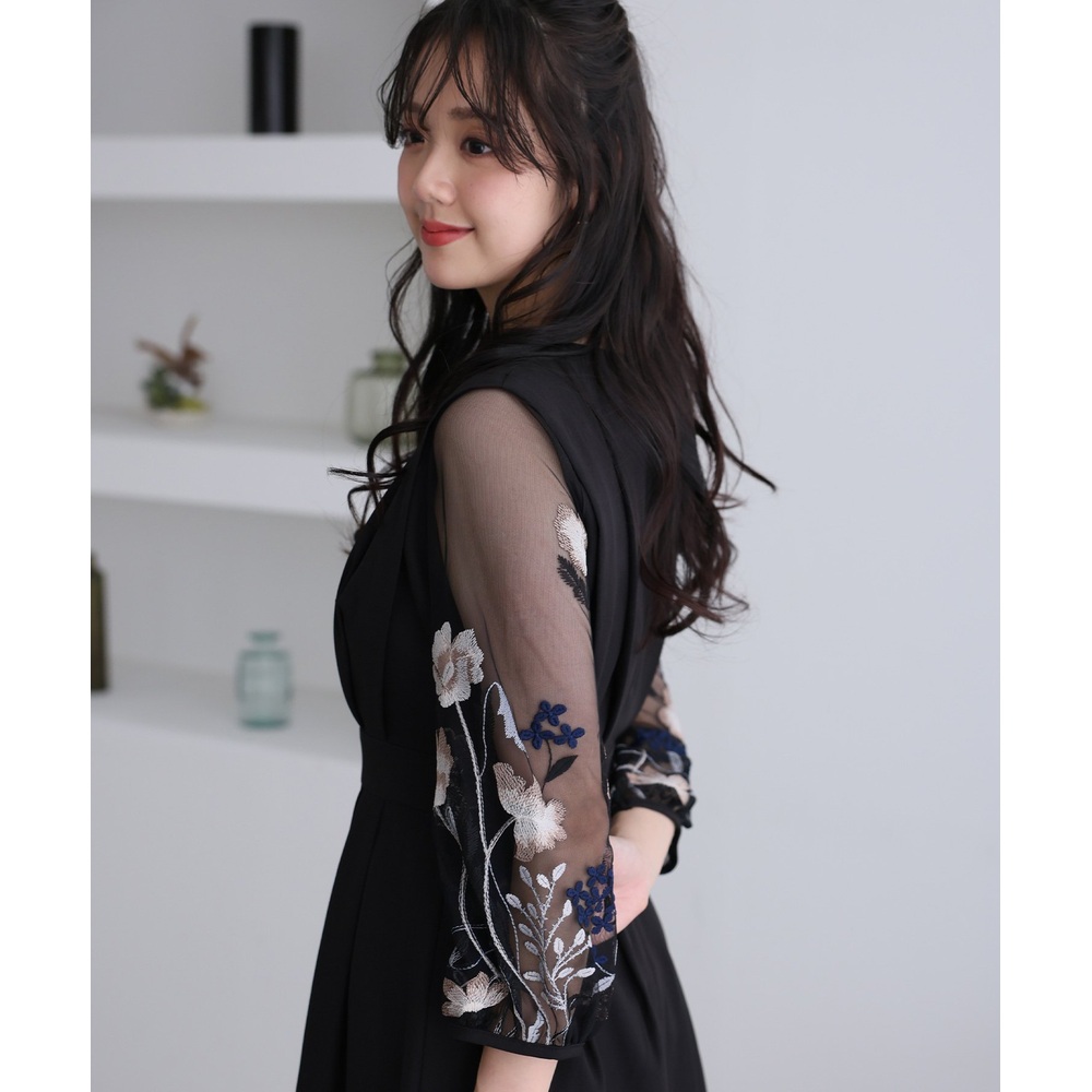 PourVous 여성 플라워 자수 시스루 튤소매 미디 원피스 결혼식 피로연 파티드레스 - 상세 이미지 4