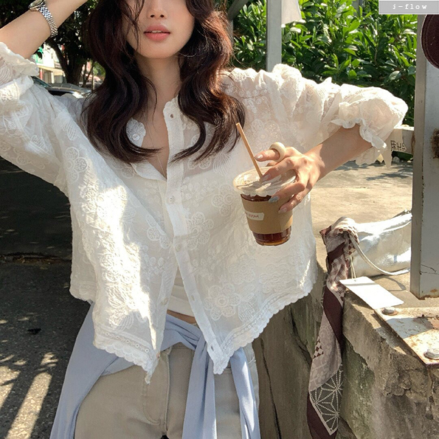 파틴 레이스자수 시스루 루즈핏 가디건 블라우스 1col 봄 여름 벌룬 아방 제이플로우 - 상세 이미지 3