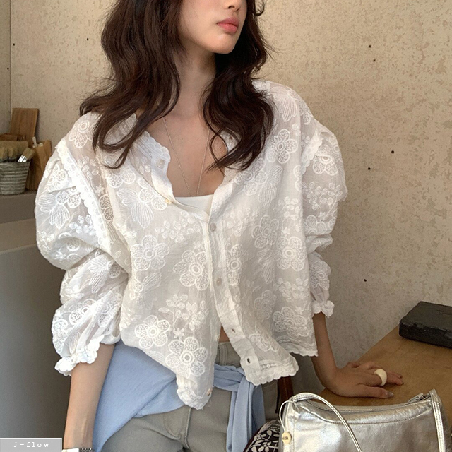 파틴 레이스자수 시스루 루즈핏 가디건 블라우스 1col 봄 여름 벌룬 아방 제이플로우 - 상세 이미지 2