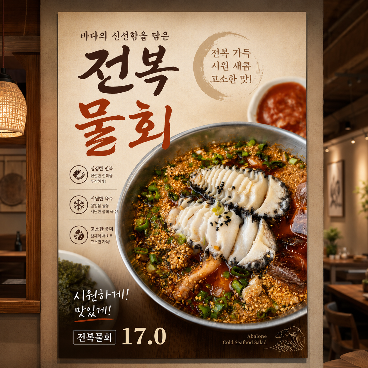 전복물회 포스터 제작 여름 메뉴 인쇄 디자인 식당 A 반광택 인화지 235g A3 - 상품 이미지