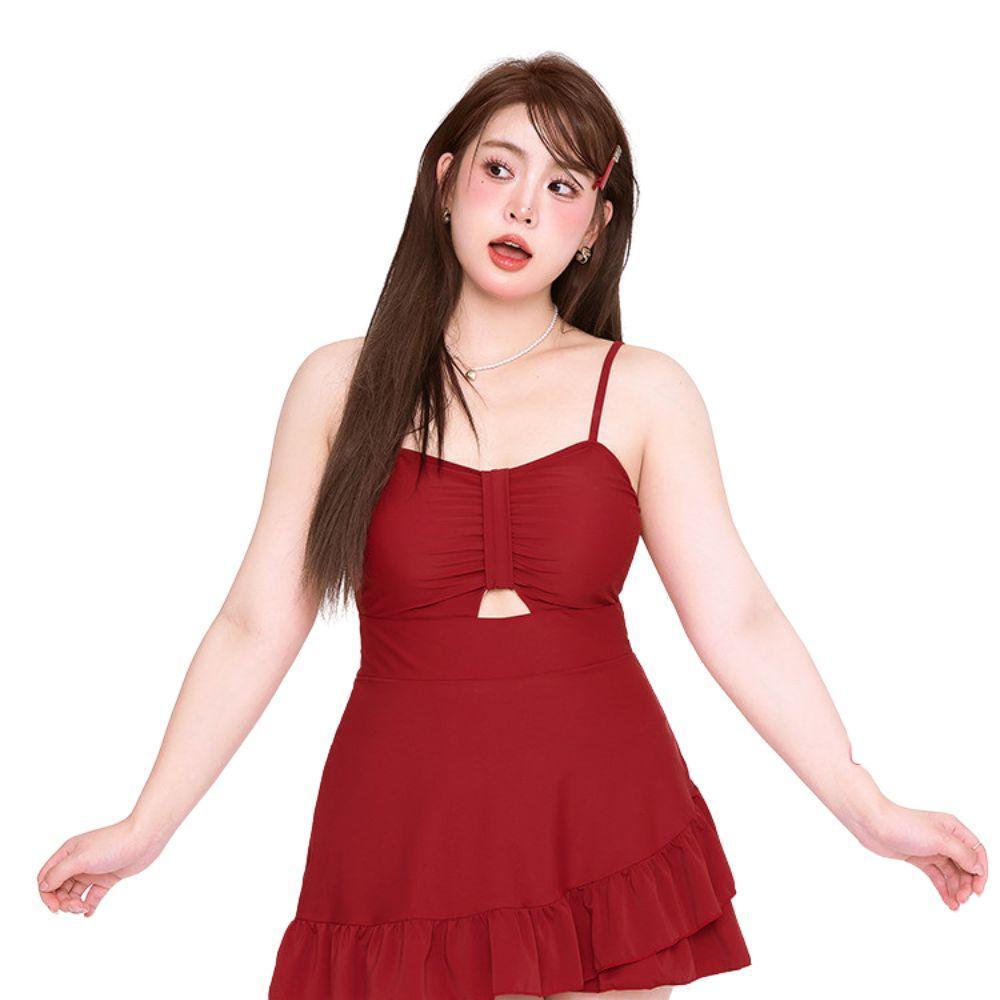 얼라이언디 빅사이즈 여성 수영복 통통여아 속살 가리기 레드 체형커버 엄마수영복 - 상세 이미지 2