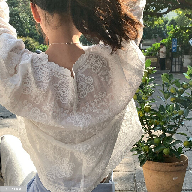 파틴 레이스자수 시스루 루즈핏 가디건 블라우스 1col 봄 여름 벌룬 아방 제이플로우 - 상세 이미지 5